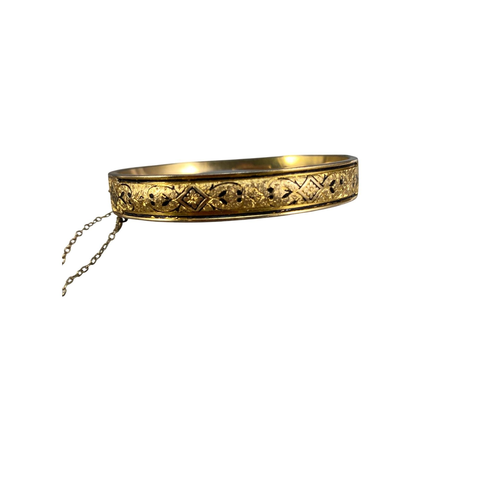 Bangle Simmons Betsy Ross Hinged 12Kt Gold filled Etched Black Enamel Signed VGT