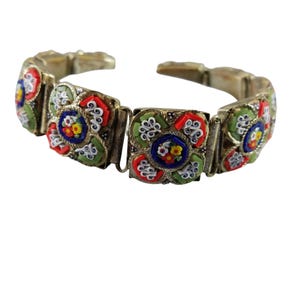 Italian Micro Mosaic Bracelet Floral Design Gold Tone Metal Vintage 1930s
