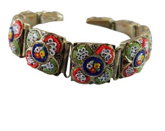 Italian Micro Mosaic Bracelet Floral Design Gold Tone Metal Vintage 1930s