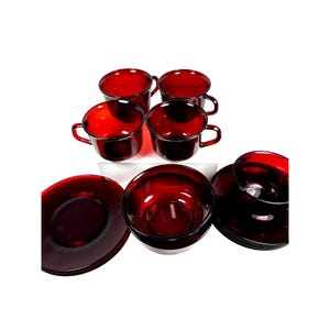 Vintage Ruby Red Glass Cups Saucers Bowls Plates Lot 14 Pc France Arcoroc Luminarc