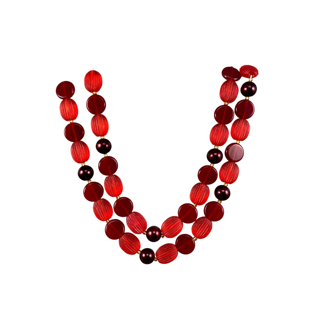 Vintage Red Acrylic Beaded Necklace Gold-tone Box Clasp West  display picture 3