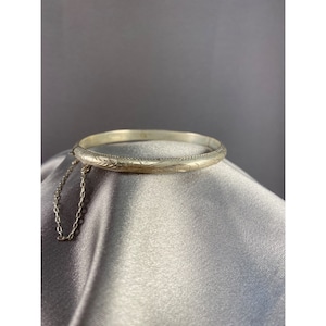 Sterling Hinged Bangle Bracelet Hand Chased Etching Floral Leaf 7 In Vintage
