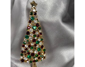 Christmas Tree Pin Brooch Tall Large Green Red Clear Stones Gold Stars 4"x2 5/8" Vtg. 70s