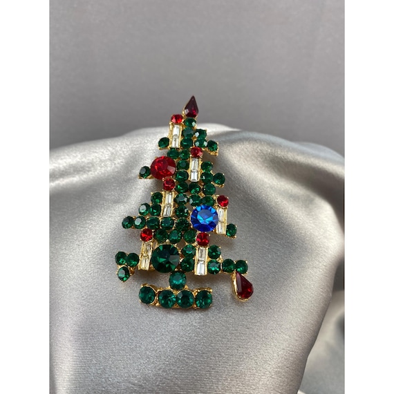 Vintage Weiss Rhinestone Christmas Tree Brooch Pin Gold Tone 6