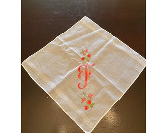 Handkerchief Embroidered T Rosebuds Square Linen Pinks VTG