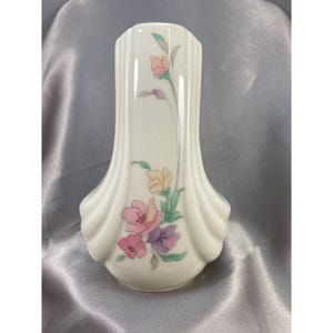 White Ceramic Vase Pastel Floral Design Japan Similar to Fukagawa Design Vintage