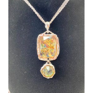 Pendant Necklace Bijoux Terner Rhodium Molded Mottled Glass Double Chain VTG