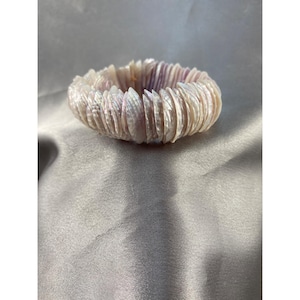 May include: A white and iridescent shell bracelet made of many small, overlapping shells.