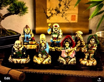Complete Set of Seven Lucky Gods, Celluloid Plastic, Vintage