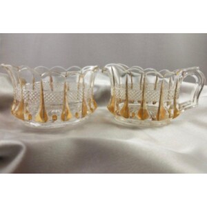 Antique Clear Glass Sugar & Creamer Set With Gold Accents Scalloped Edges Diamond Pattern Etched Details