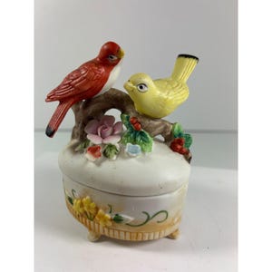 Caja de baratijas vintage Lefton con forma de pájaro, de porcelana pintada a mano, estilo japonés, con tapa floral.