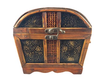Wooden Box Treasure Chest Style Hinged Hook Latch Handles Metal Embossed Vintage