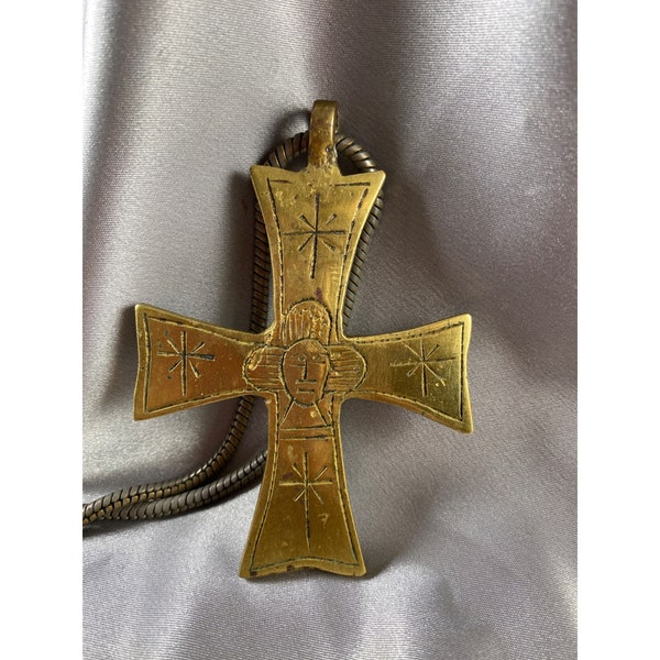 Maltese Cross Brass Hand Made Religious 3 3/4 x 2 5/8 Inch Snake Chain Vintage