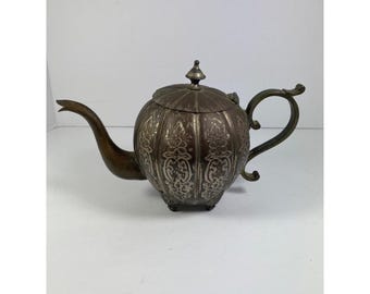 Antique Silverplate Teapot – Ornate Melon-Shaped Footed Teapot with Floral Repoussé Design, Late Victorian to Early 1900s Decorative Teapot