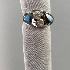 Ring//Sterling//Marked Cameo//Size 7//Black faceted stones//October stones//All pronged//Pear shaped black sparkling stones//