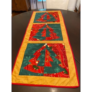 Handmade Quilted Christmas Tree Table Runner Wall Hang 35&quot; x 14&quot; Snowflake Top