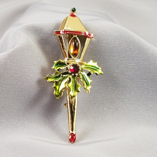 Pin//Christmas// Tancer II Marking//Victorian Gold Lamp //Green Holly//Red Berry Enamel//Orange stone flame//Red rhinestone bow//Vintage