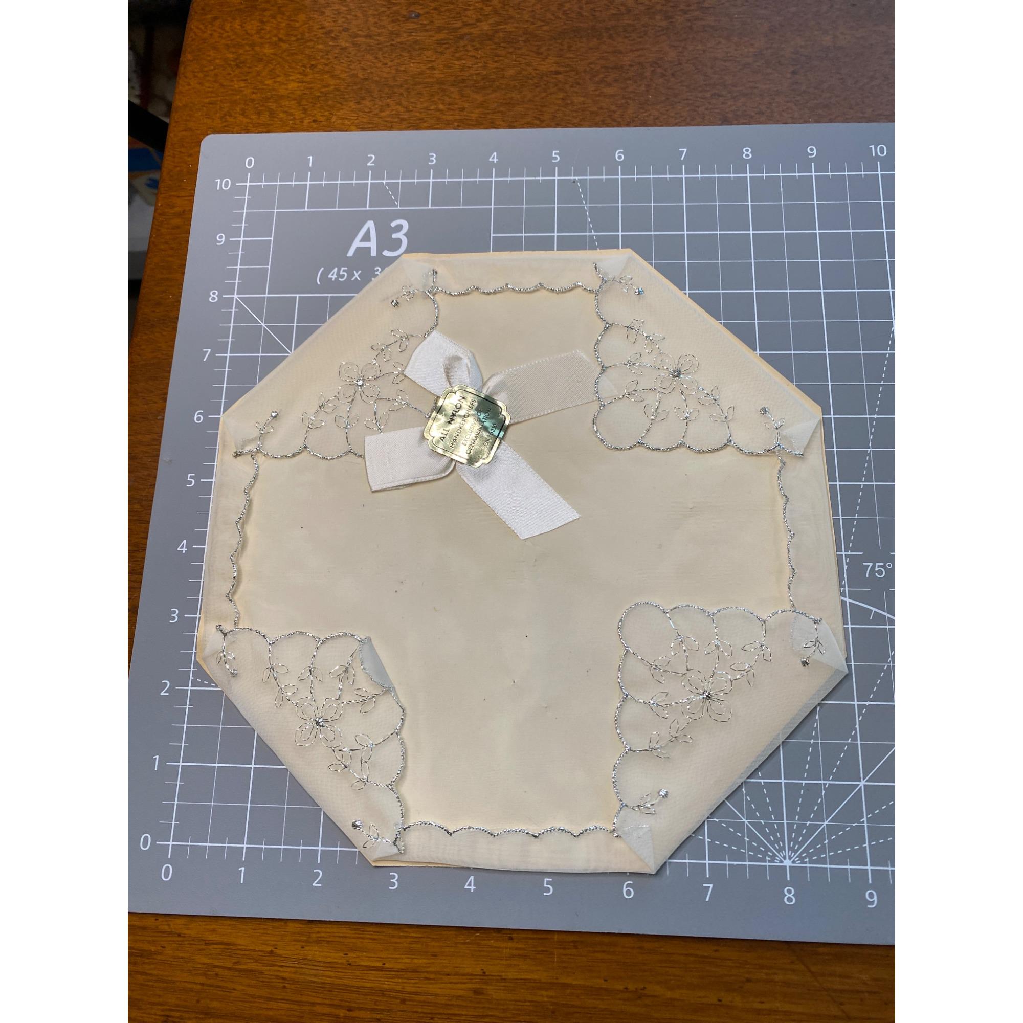 ヴィンテージ装飾ナイロンハンカチ オリジナルボックス 銀糸刺繍