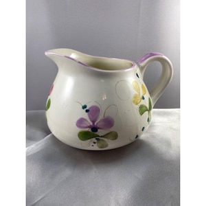 Vintage Hand Painted Floral Ceramic Pitcher Creamer Portugal Squat