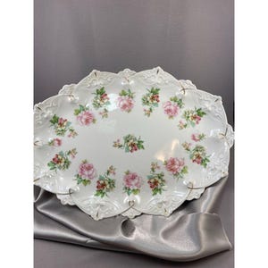 Dresser Tray Rose Floral Porcelain Scalloped Edges Gold Embossed Detail Vintage