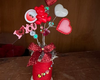 Valentine Button Bouquet on Wood Spool. Red Valentine Decor. Heart Buttons.