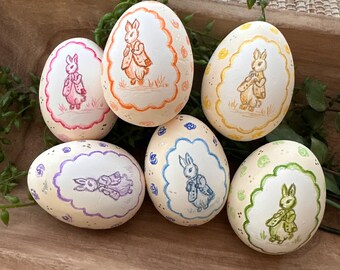 Handpainted Ceramic Easter Egg Set of Six. Peter Rabbit Easter Eggs. Rainbow Easter Eggs Set.