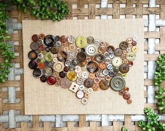 Rustic Button USA Map. United States Map. Vintage Buttons. Rustic Map. Farmhouse Decor. Vintage Buttons Map.