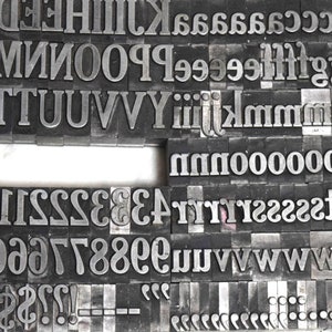 May include: A collection of metal letterpress printing blocks, including uppercase and lowercase letters, numbers, and punctuation marks. The blocks are arranged in rows and columns, with the letters and numbers in alphabetical and numerical order.