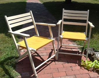 2 White Vintage Wood Folding Chairs with Yellow Canvas Seating in Original Finish 4 Slatted Wood Braces in Back Chairs Patio Outdoor Seating