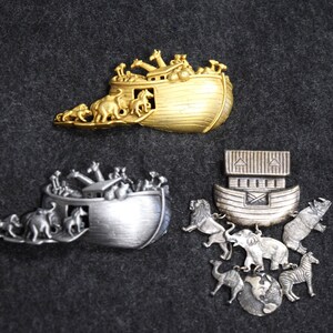 Vintage Noah&#39;s Ark Brooch Choice Pin Sweater Shawl Pin Dangling Animals Dangles or 3D Pin by AJC American Jewelry Co. Religious Jewelry