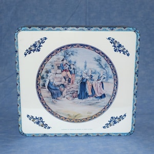 Vintage French Tin Colorful Folk Art Street Scene with Musicians Keepsake Box Biscuit Tin Storage Container