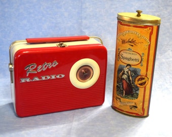 Vintage Decorative Tins Red Retro Radio Lunch Box or Tall Italian Spaghetti Pasta Storage