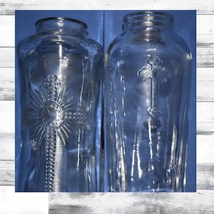 2 Vintage Religious Cross Embossed Bottles Offering Lights Clear Glass Candle Holders Bottles