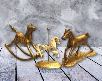 Vintage Brass Rocking Horse Running Horse on Cobblestone Base or Carousel Horse Playful Horse Lover Gift Porcelain or Brass Figurine