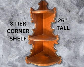 Large Vintage 3 Tier Corner Shelf Solid Wood 26 Inches Tall 3 Shelves Knick Knack Wall Shelf What Not Shelving