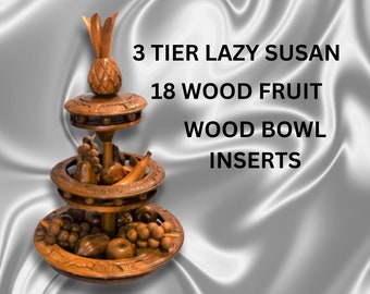 3 Tier Lazy Susan Vintage Hand Carved All Wood Monkey Pod Pineapple Top Inlaid Bowls and Abundance of Fruit Metal Ball Bearings Centerpiece