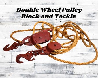 Vintage Double Wheel Pulley Block and Tackle Ratchet Locking Barn Rope Wire Clamps and Hooks on Each End Complete Set Rustic Farmhouse Decor