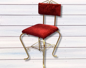 Gold Metal Vanity Chair Make Up Stool with Red Padded Seat and Back Hollywood Regency Ladies Chair