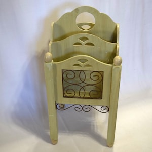 Vintage Wood Magazine Rack with Metal Decorative Inserts Floor Divided Newspaper Rack Mid Century Farmhouse Decor