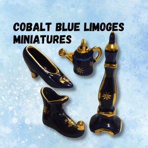 Vintage Miniatures Cobalt Blue Limoges France Choice of Watering Can Tall Candlestick Jesters Shoe High Heel Shadow Box Mini Dollhouse Decor
