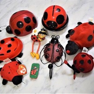 Vintage Ladybug Collection Shelf Display Figurines Ty Stuffed Ladybug Assortment