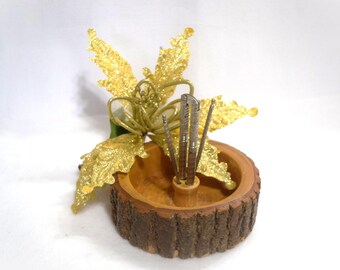 Vintage Walnut Nut Bowl Dish Includes Nutcracker and 2 Nut Picks Tree Slab with Bark Finish