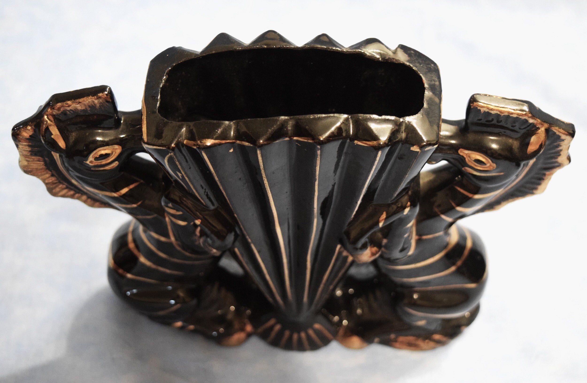 絵付け 鉢 Vintage Redware Black and Gold Horse Figurines Zebra Planter