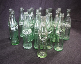 Vintage Coca Cola Pop Bottles Green Embossed White Lettering Glass 10 oz Soda Pop Bottle Advertising Bottling Plant on Bottom