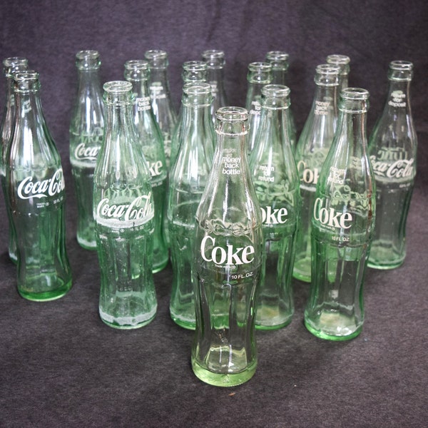 Vintage Coca Cola Pop Bottles Green Embossed White Lettering Glass 10 oz Soda Pop Bottle Advertising Bottling Plant on Bottom