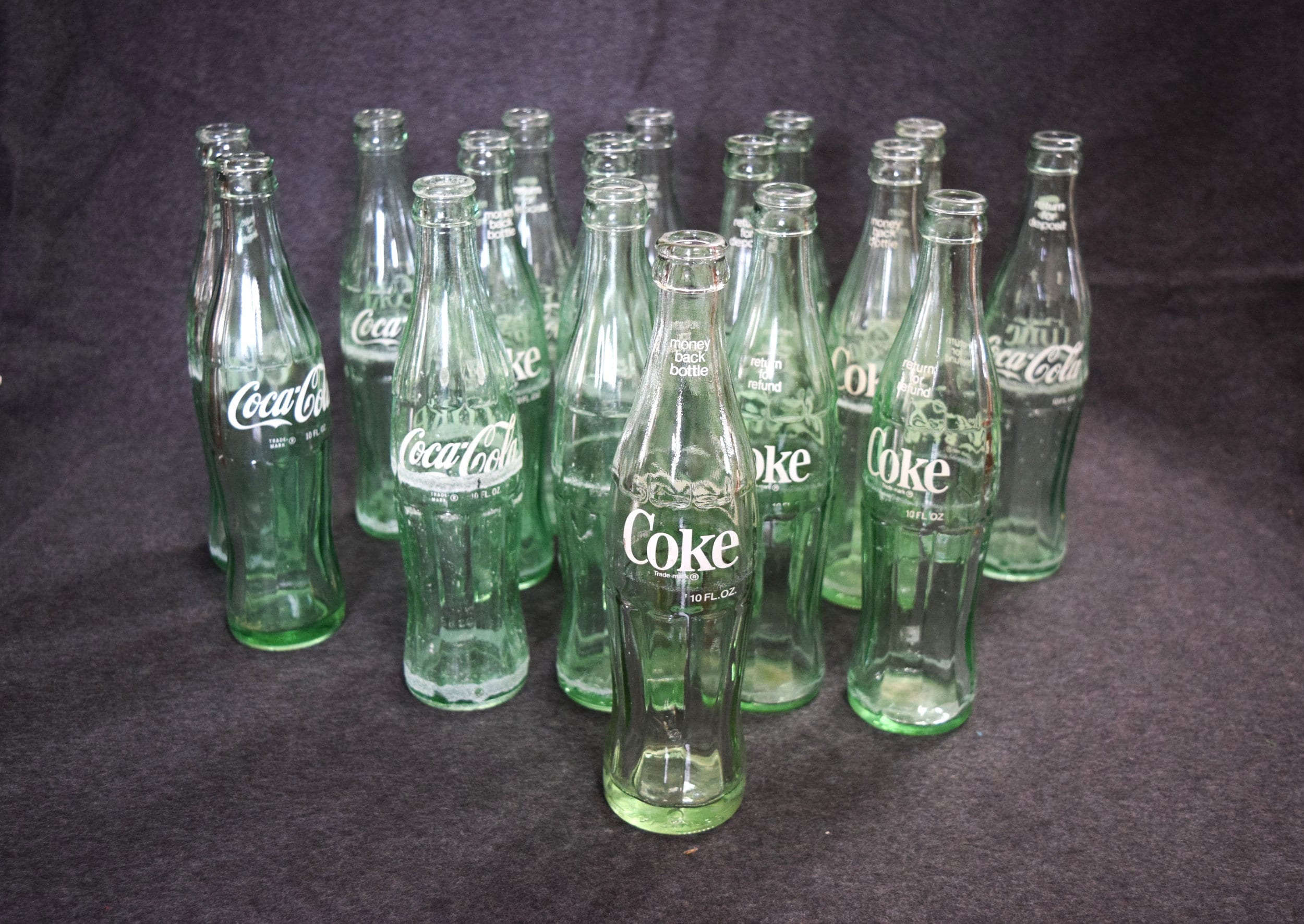 Vintage Coca Cola Pop Bottles Green Embossed White Lettering Glass