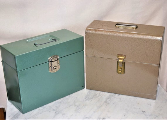 vintage industrial steel file box, portable office file or desk