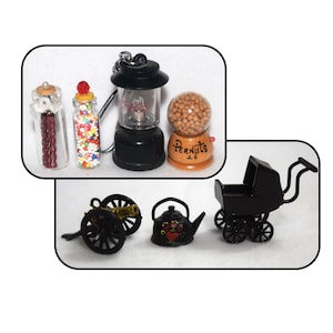 Vintage Miniatures Black Metal Set Buggy Cannon Tea Pot and Miniature Food Glass Jar Set Candy Licorice Peanuts Shadow Box Mini Dollhouse