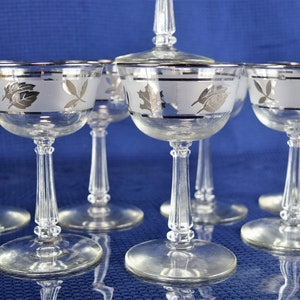 May include: Set of six clear glass champagne coupes with silver leaf accents. The coupes have a silver rim and a band of silver leaves around the bowl.