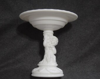 Vintage Pixie Milk Glass Compote Pedestal Bowl Ornate Bowl Design